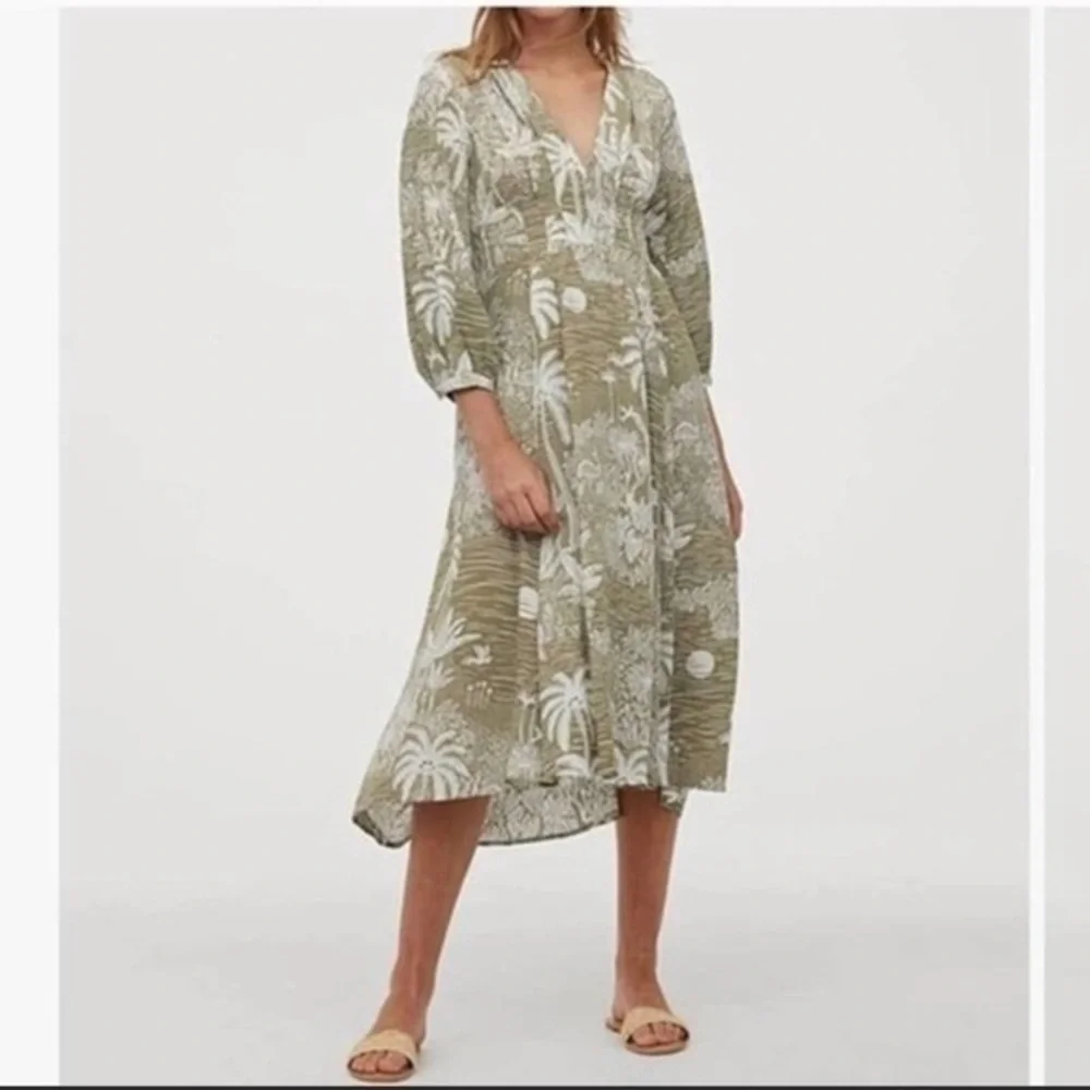 Desmond & Dempsey X H&M Green White Tropical Palm Print Linen Blend Midi Dress S - Picture 2 of 15